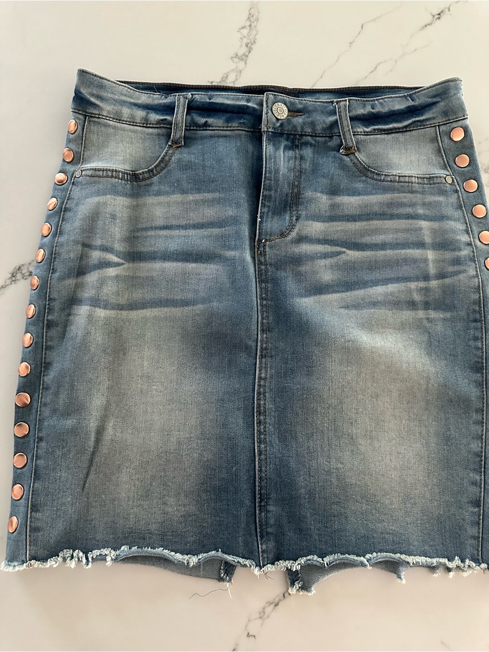 Celebrity Pink Washed Blue Denim Mini Skirt with Copper Buttons